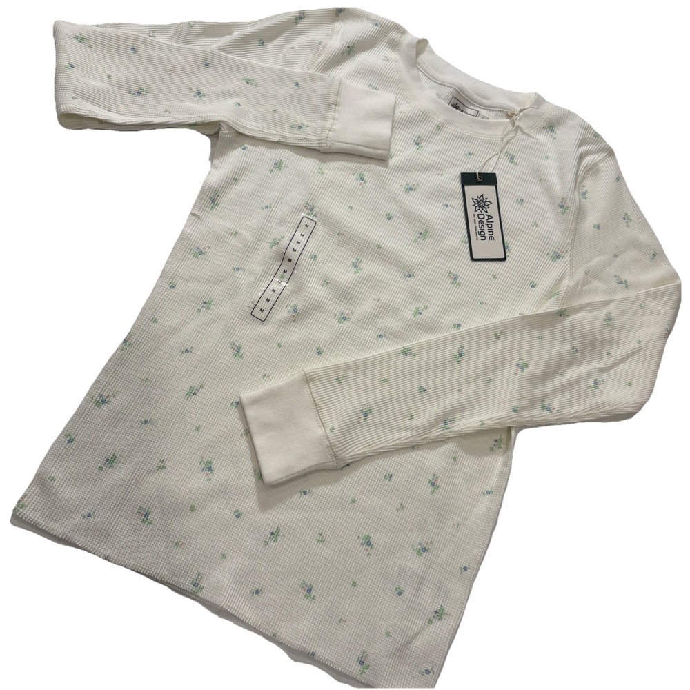 ALPINE DESIGN Waffle Knit Shirt Women's Size MEDIUM White Floral Hipster Utility